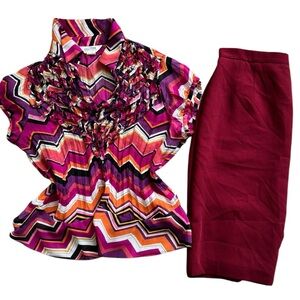 Work Outfit Chevron Blouse and Burgundy Skirt sz 12